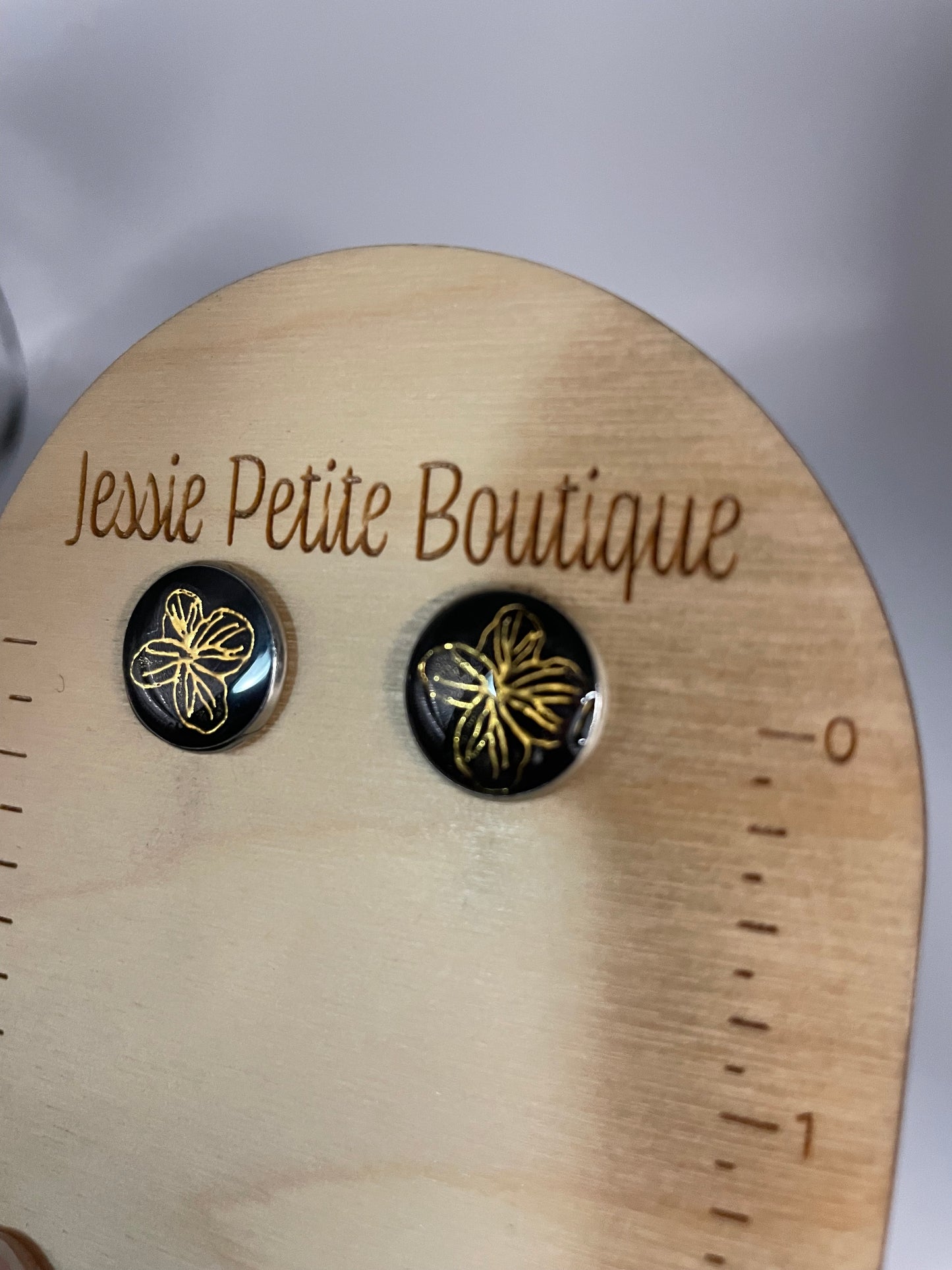 Gold Flower on Black Stud Earrings-Stainless Steel