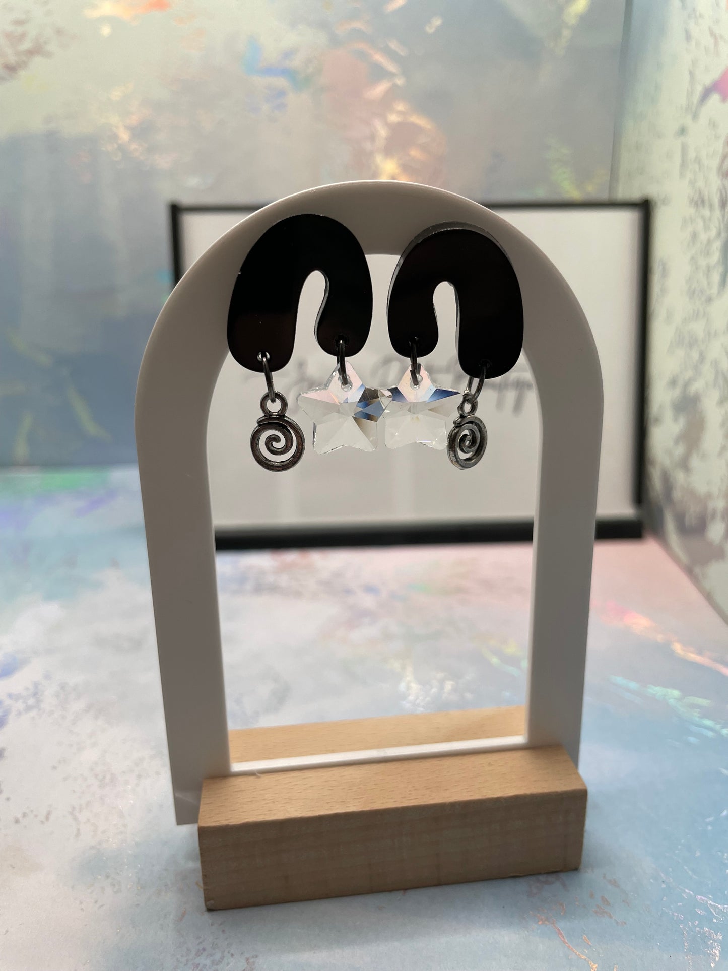 Audrey: Black earrings with Spirals+Star -NICKEL FREE