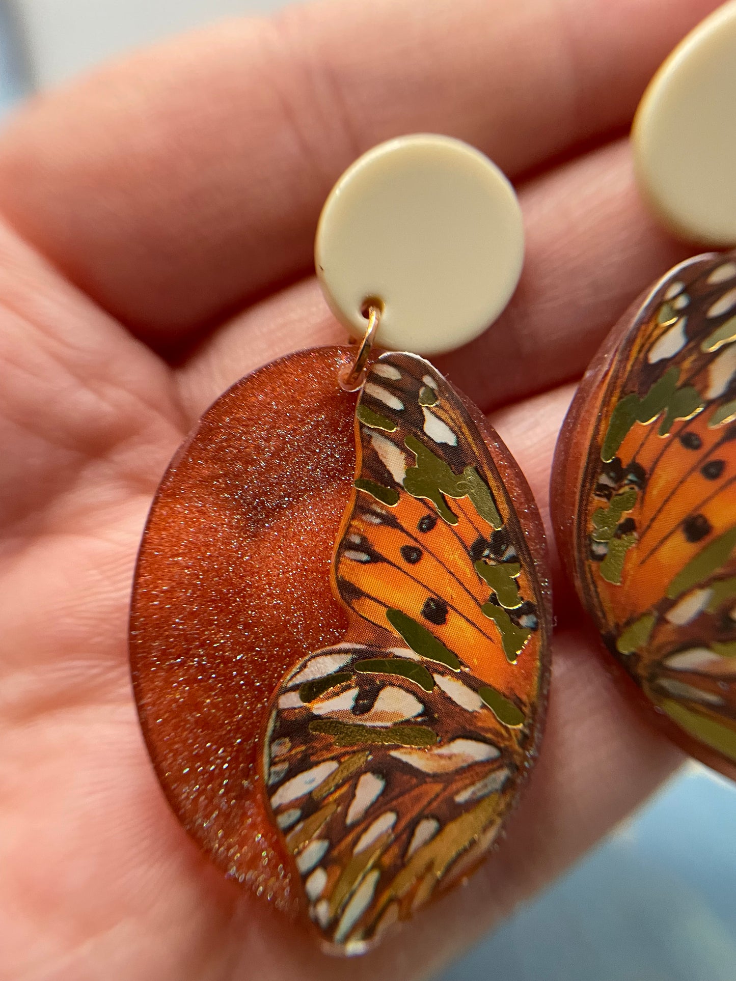 Boucles d'oreilles ovales papillon orange scintillantes -Acier inoxydable