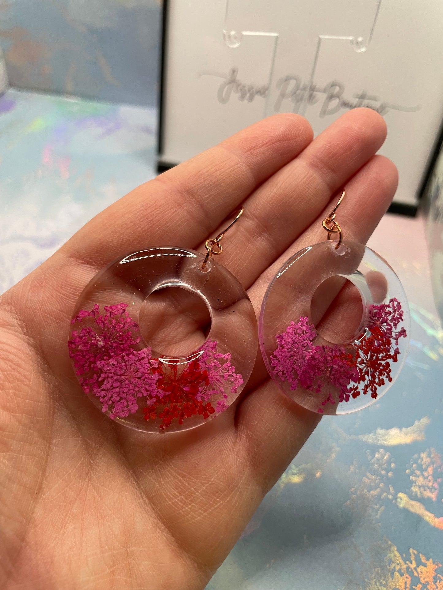 Pink & Red Flower Round Resin Earrings -NICKEL FREE