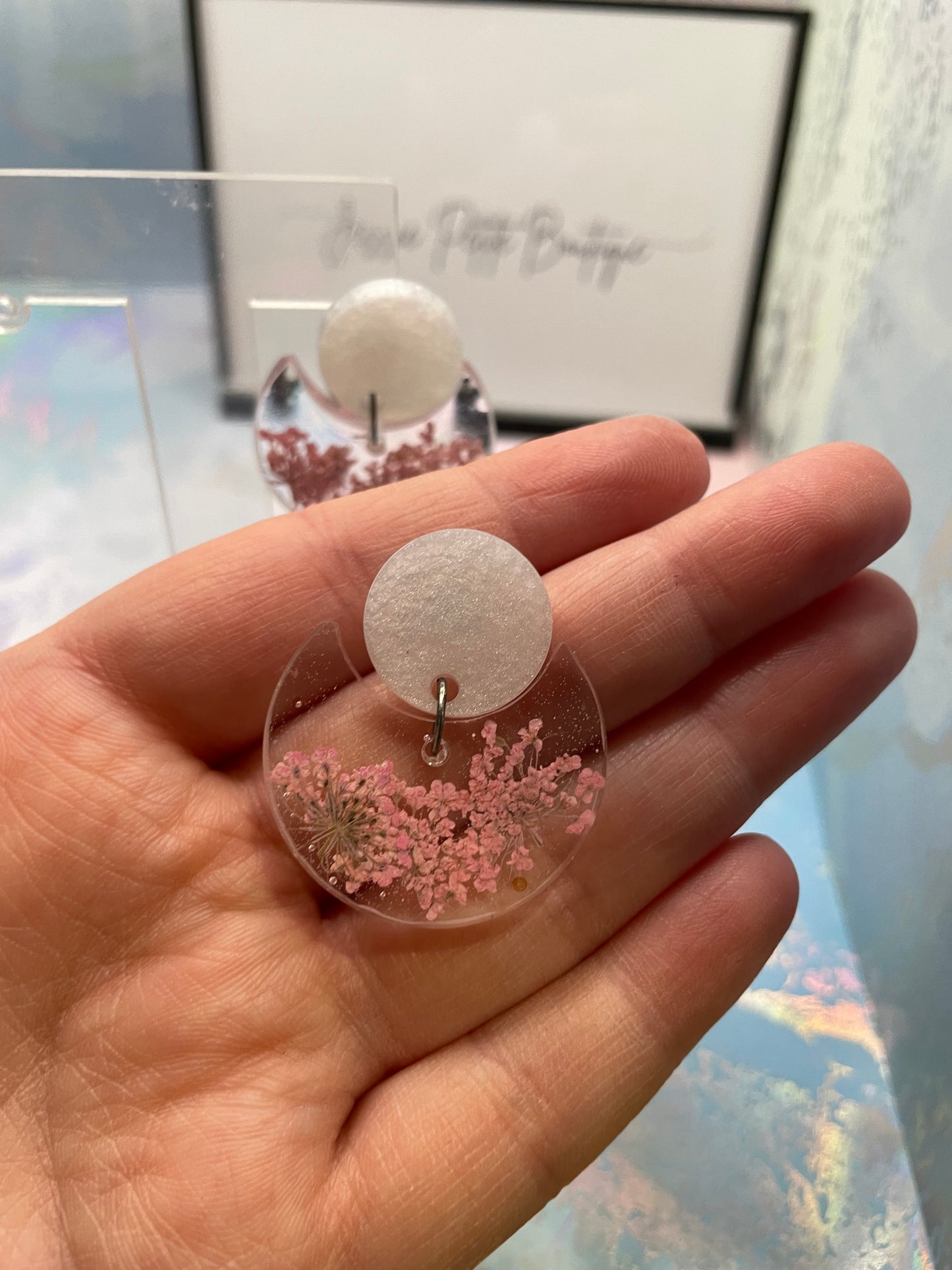Pink Flower In Clear Resin Round Earrings-NICKEL FREE