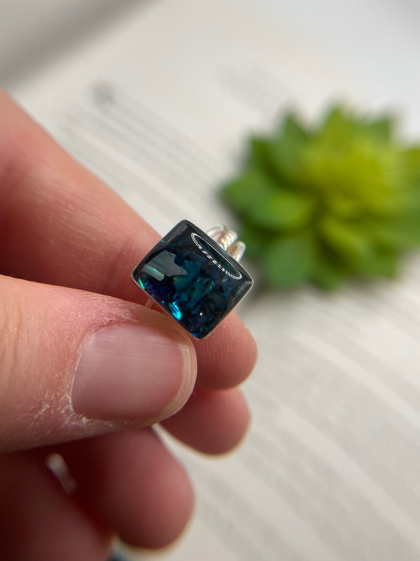 Blue Shell rectangle Triple Band Ring-Size 10US