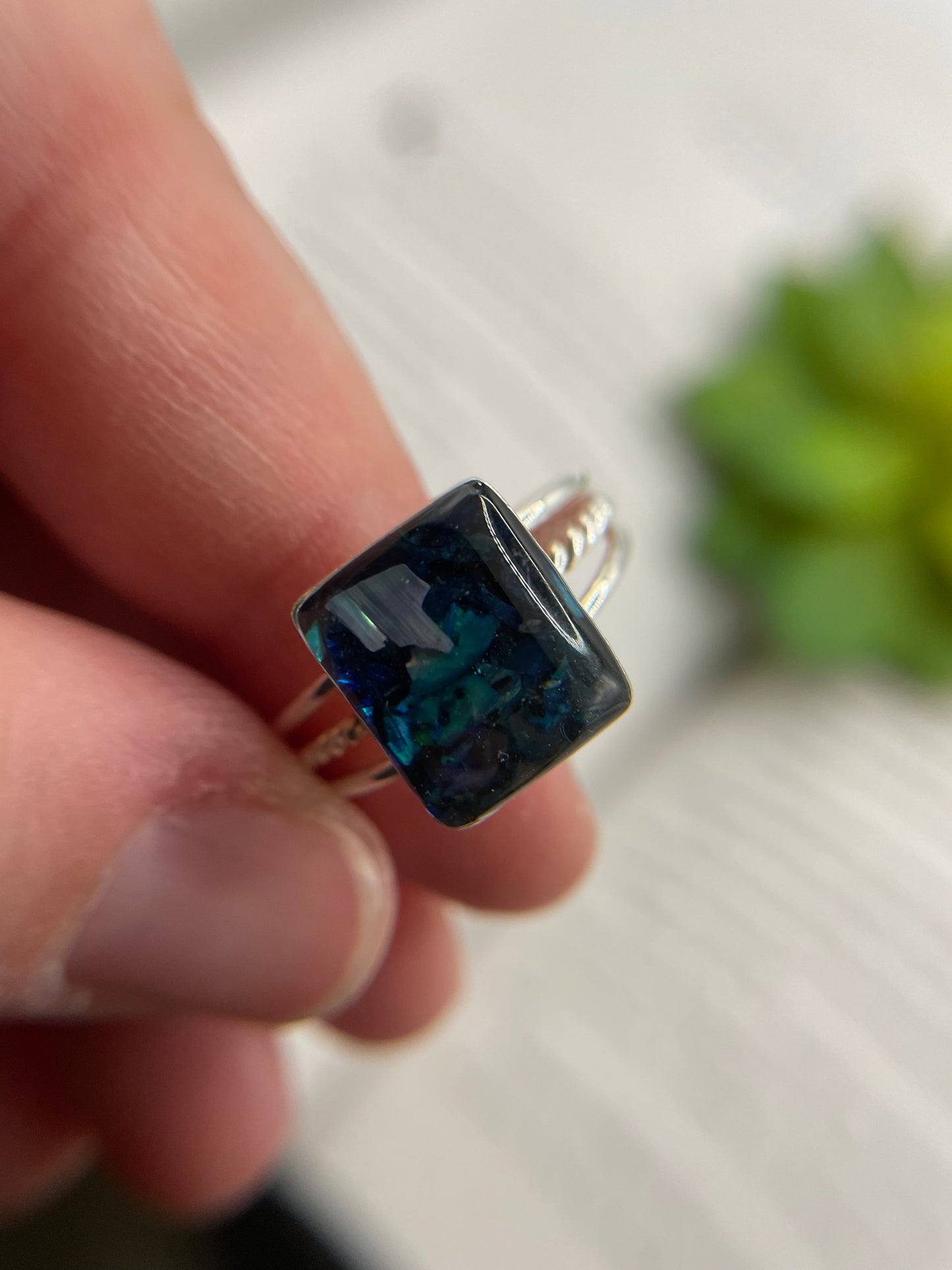 Blue Shell rectangle Triple Band Ring-Size 10US