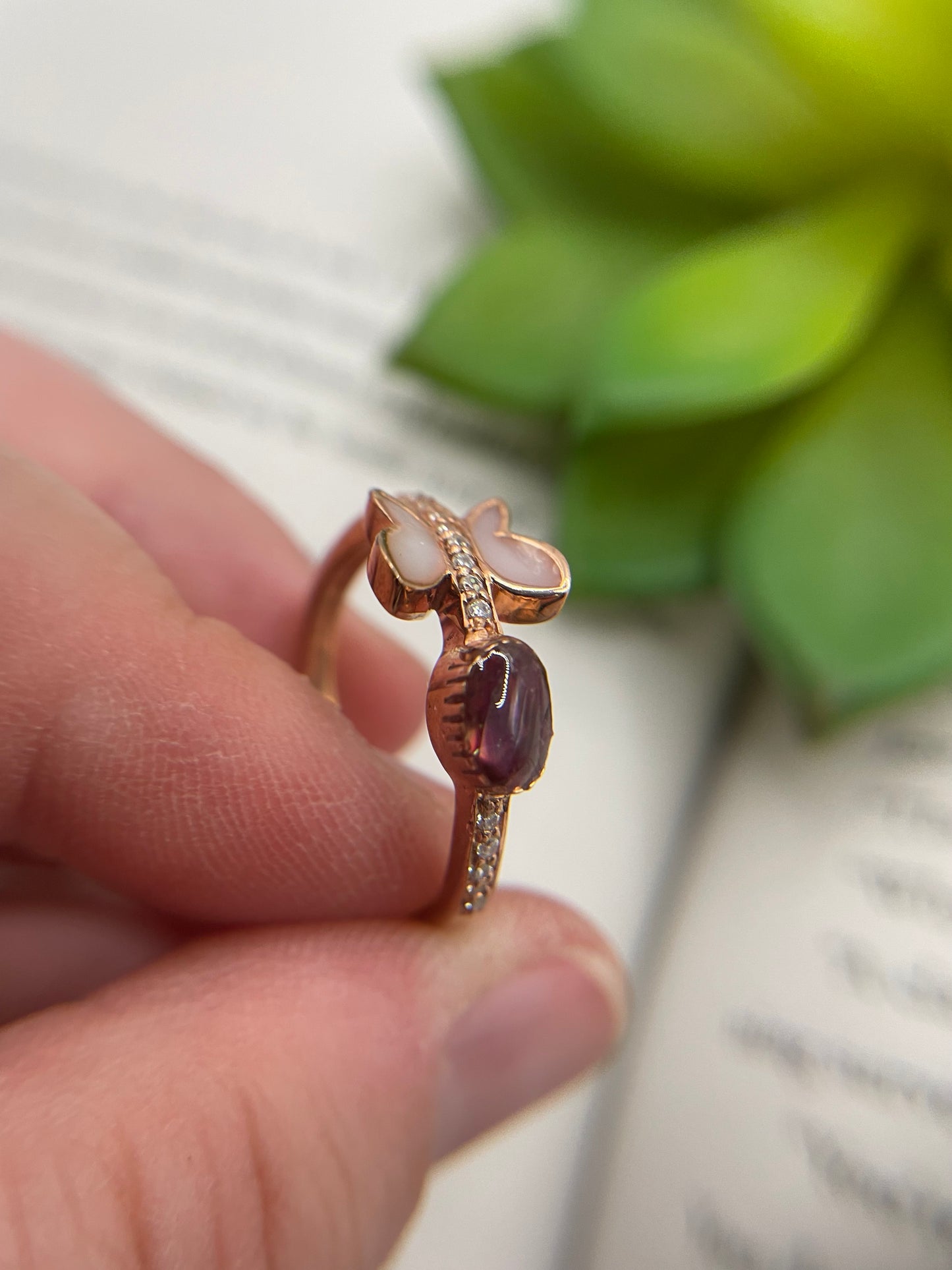 Rose Gold Butterfly Ring with Shell Accent-Size 10US