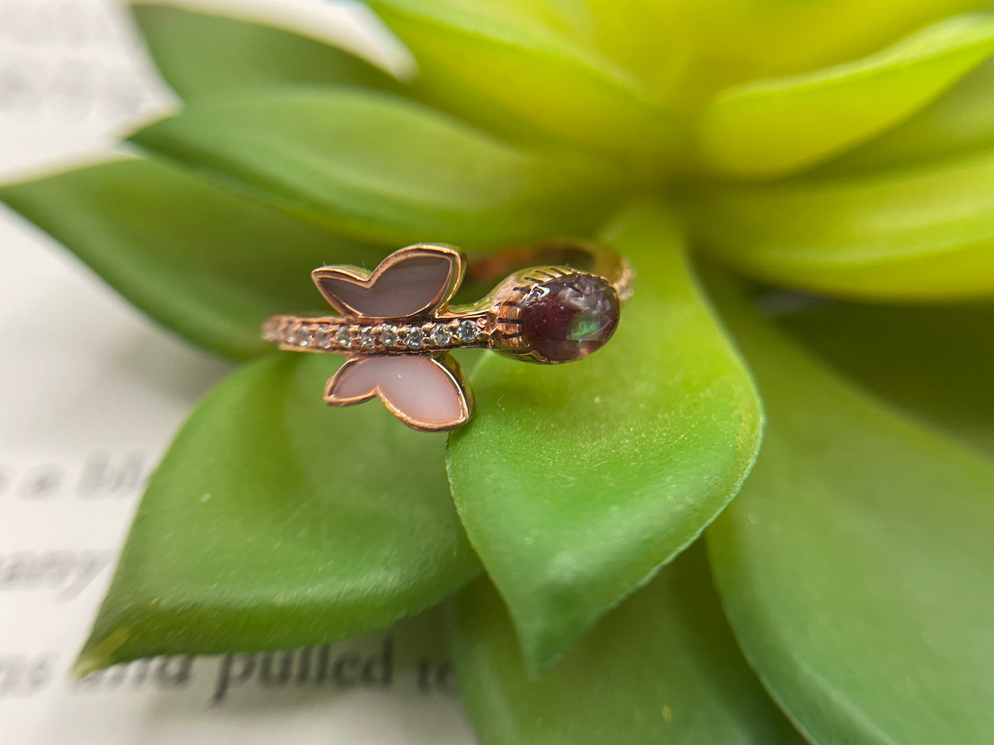 Rose Gold Butterfly Ring with Shell Accent-Size 10US