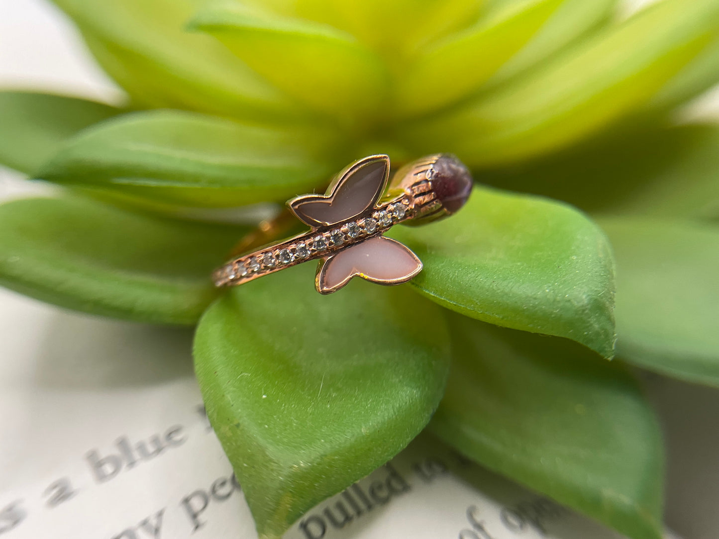 Rose Gold Butterfly Ring with Shell Accent-Size 10US