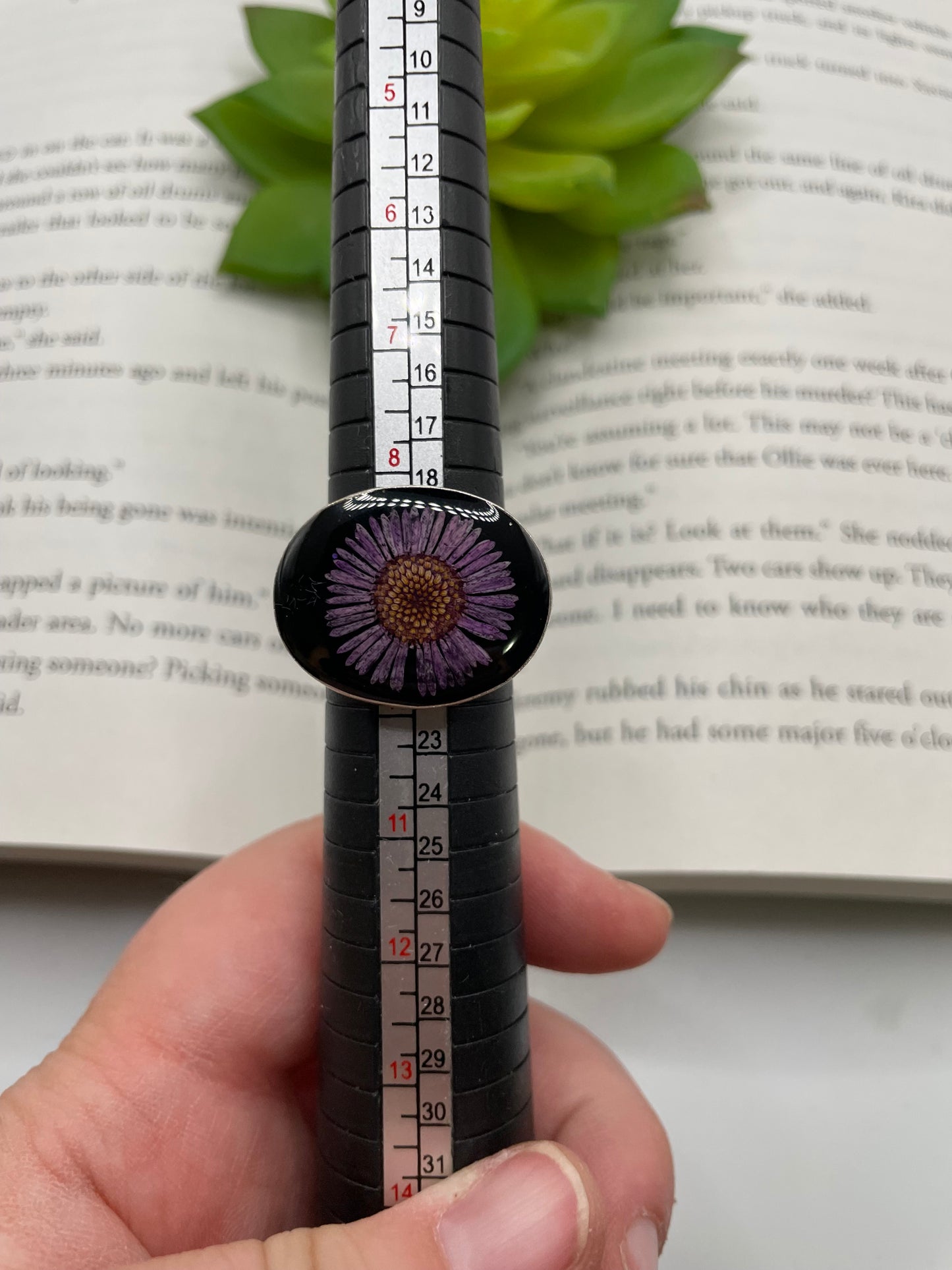 Oval Ring with Dried Purple Daisy – Size 9 US