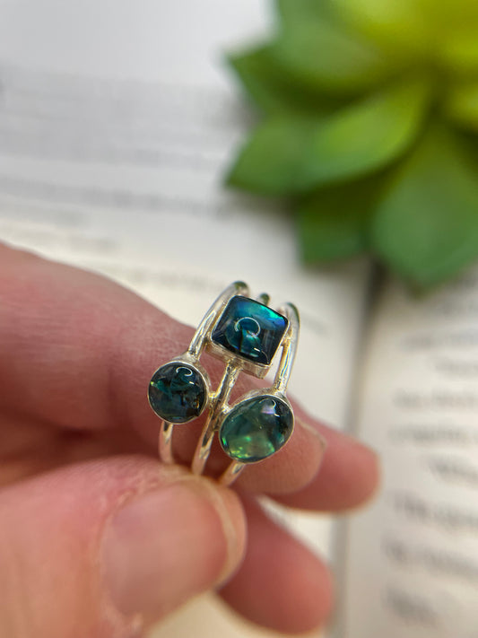 Bague triple en argent sterling – Résine et coquillage bleu