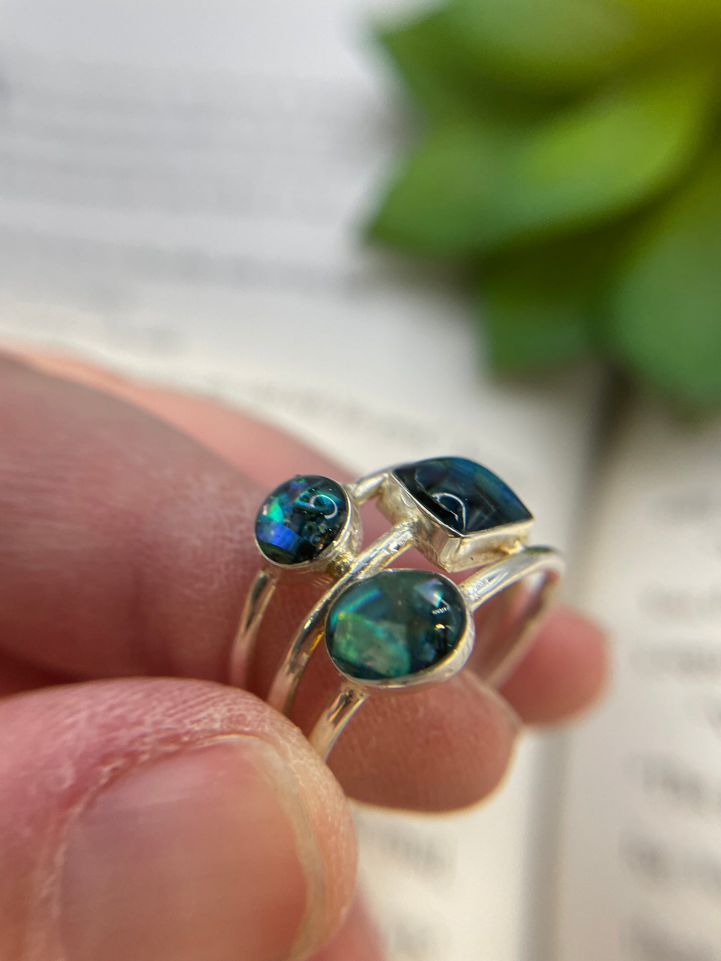 Bague triple en argent sterling – Résine et coquillage bleu
