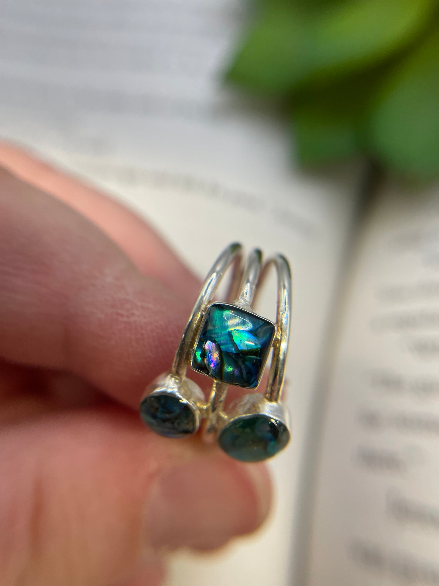 Bague triple en argent sterling – Résine et coquillage bleu