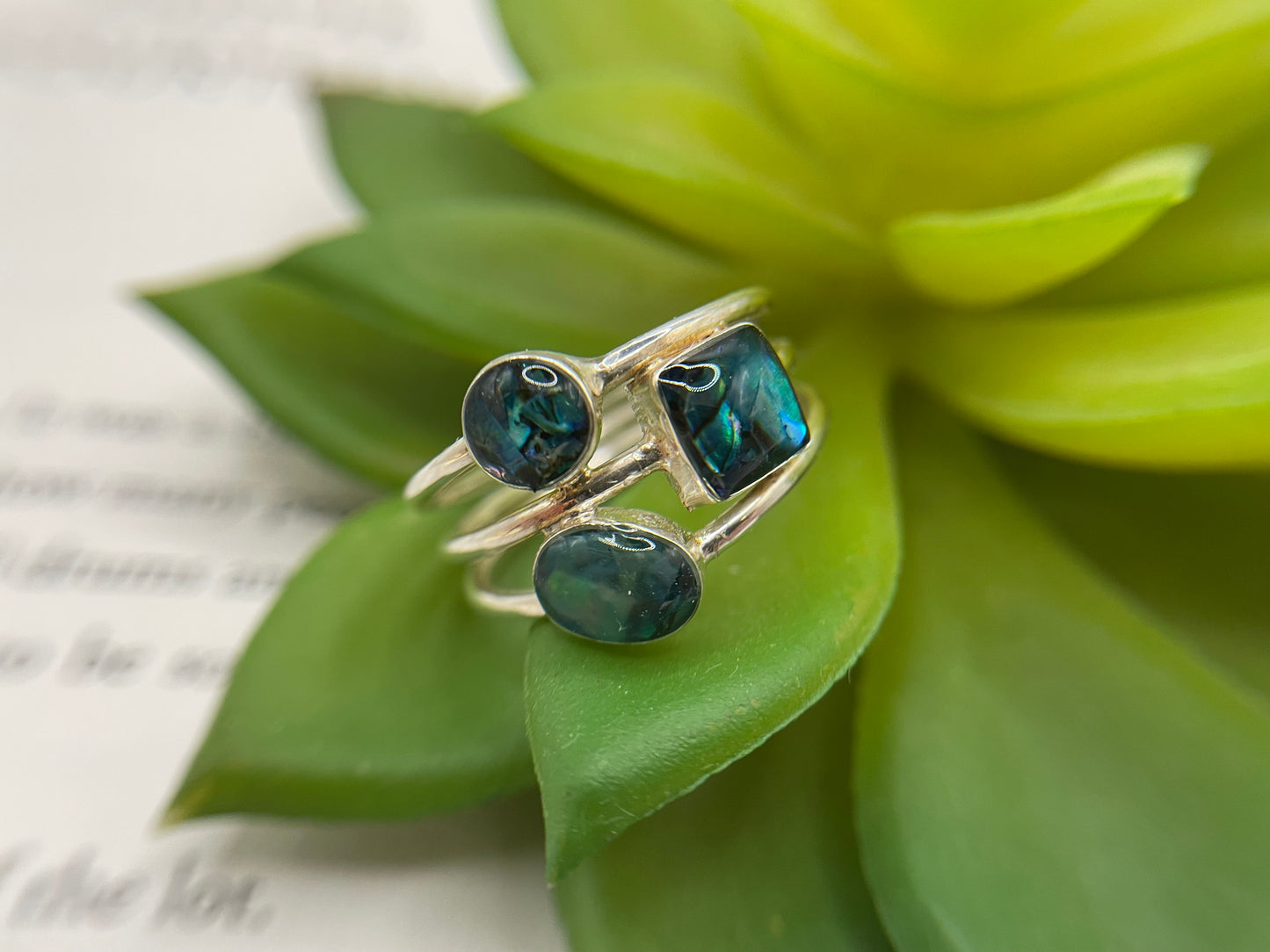 Bague triple en argent sterling – Résine et coquillage bleu