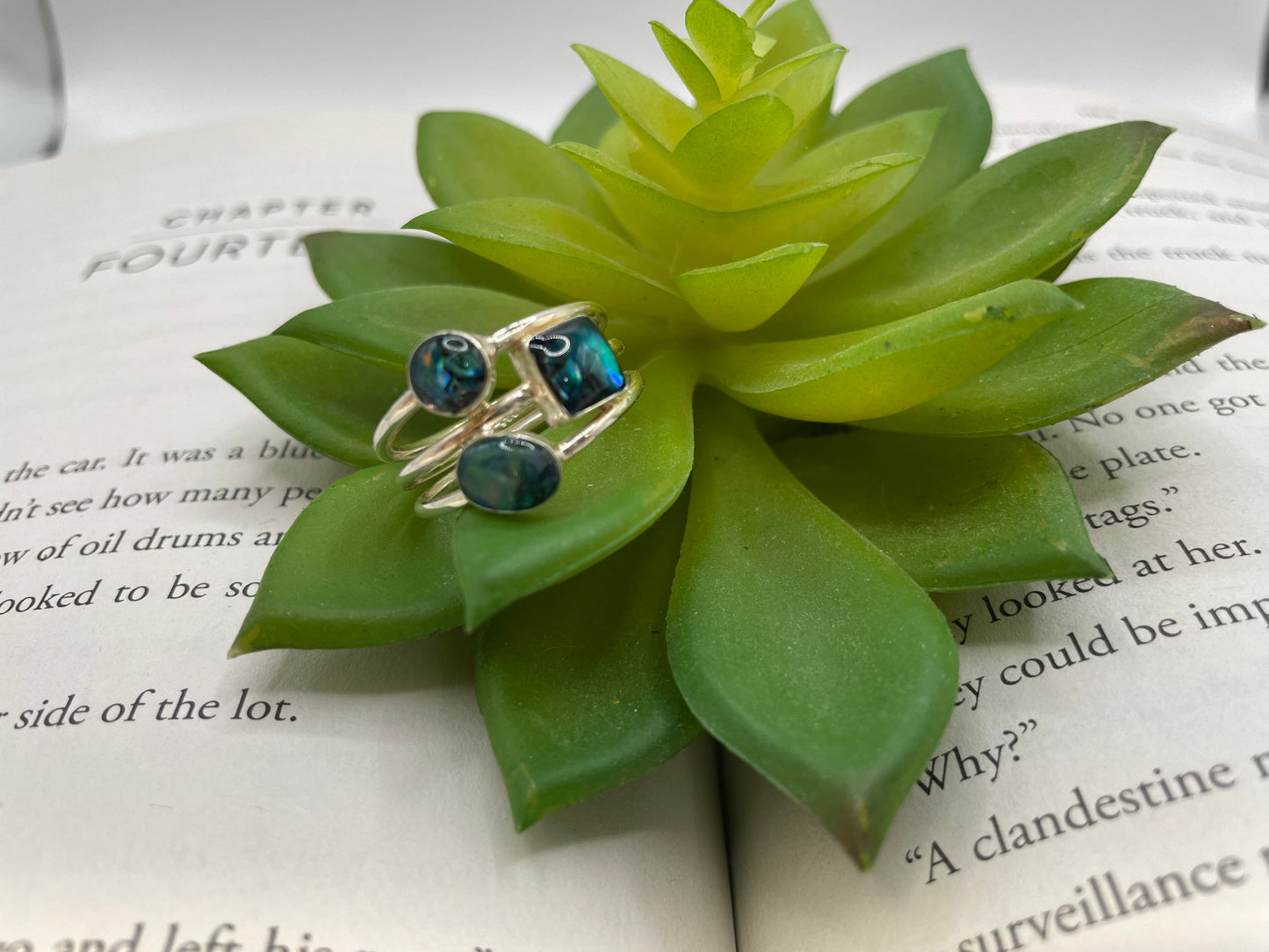 Bague triple en argent sterling – Résine et coquillage bleu