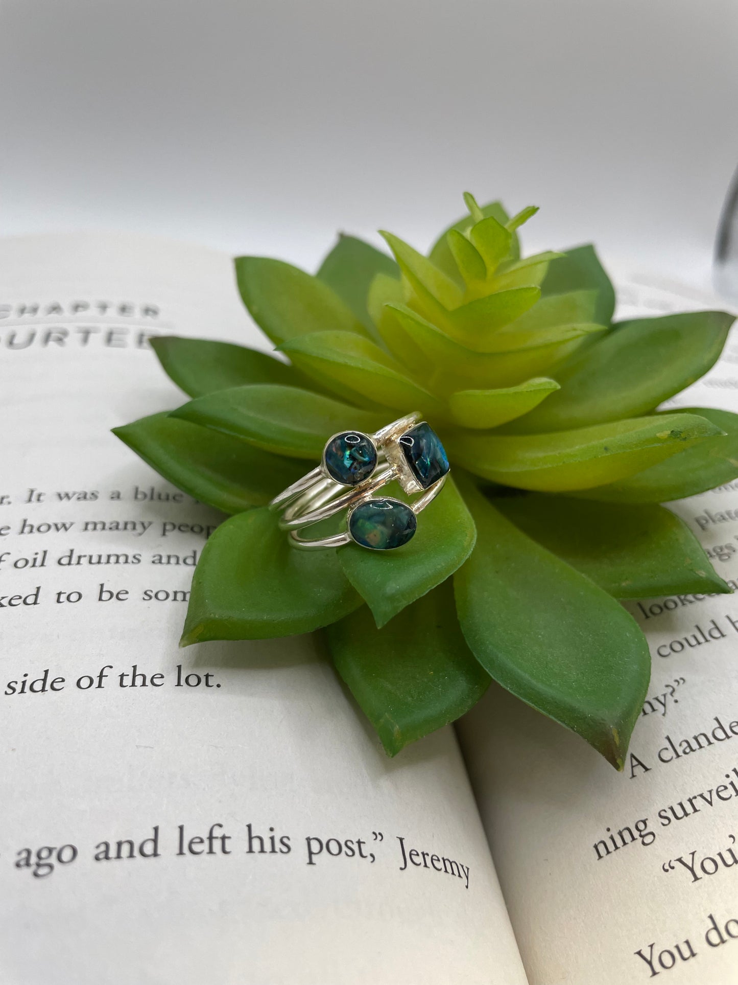 Bague triple en argent sterling – Résine et coquillage bleu