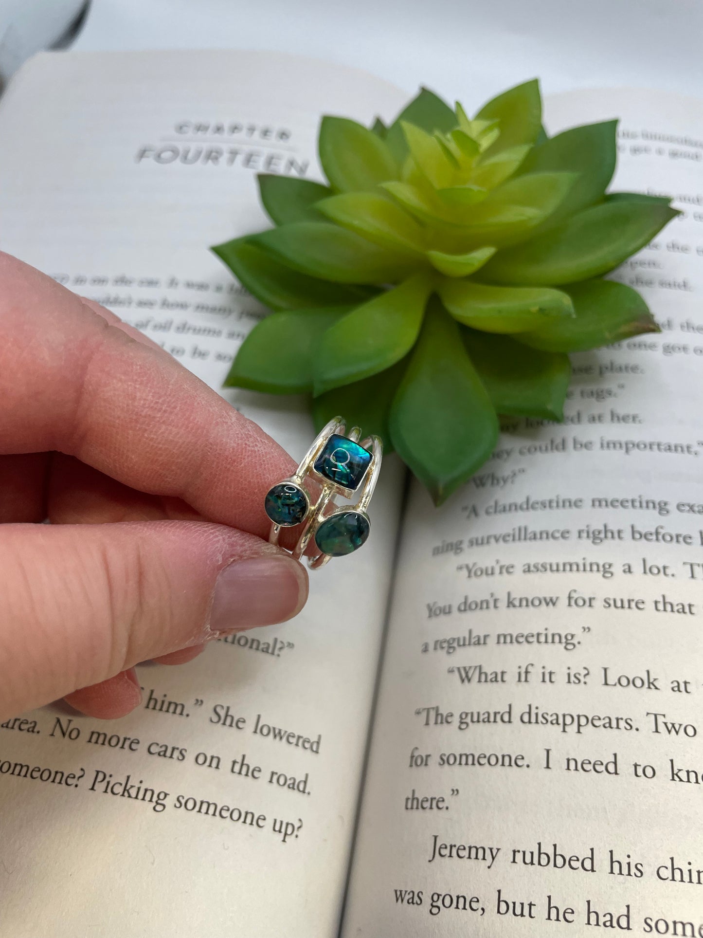 Bague triple en argent sterling – Résine et coquillage bleu
