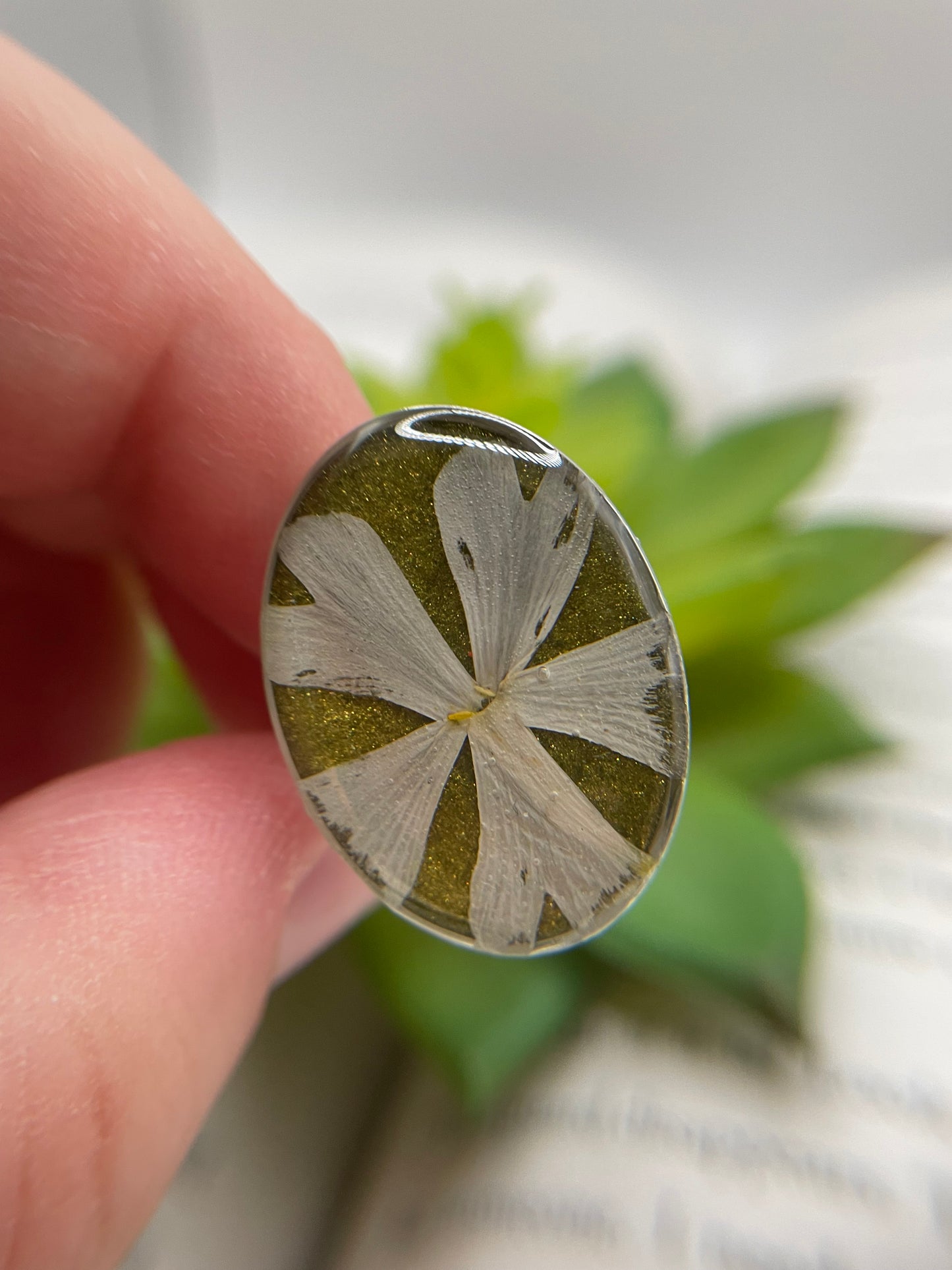 Pressed Flower Oval Adjustable Ring – Stainless Steel