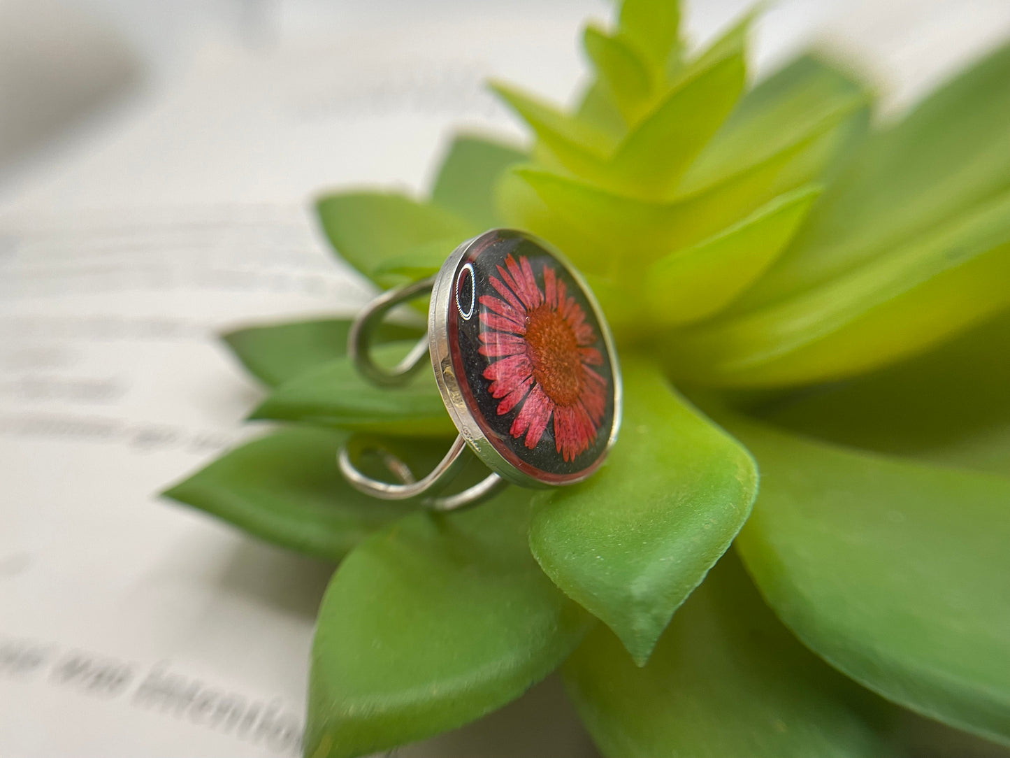 Pressed Daisy Resin Ring – Stainless Steel (Adjustable)