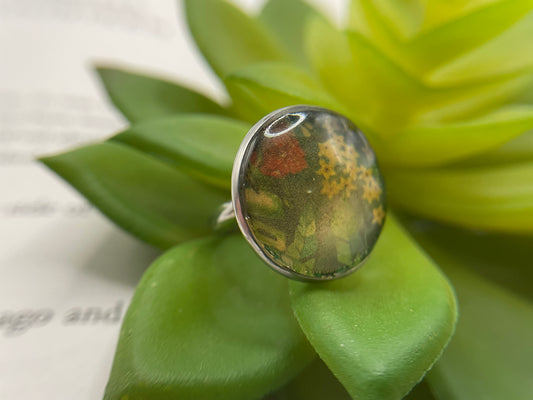 Bague cabochon florale tropicale – acier inoxydable (ajustable)