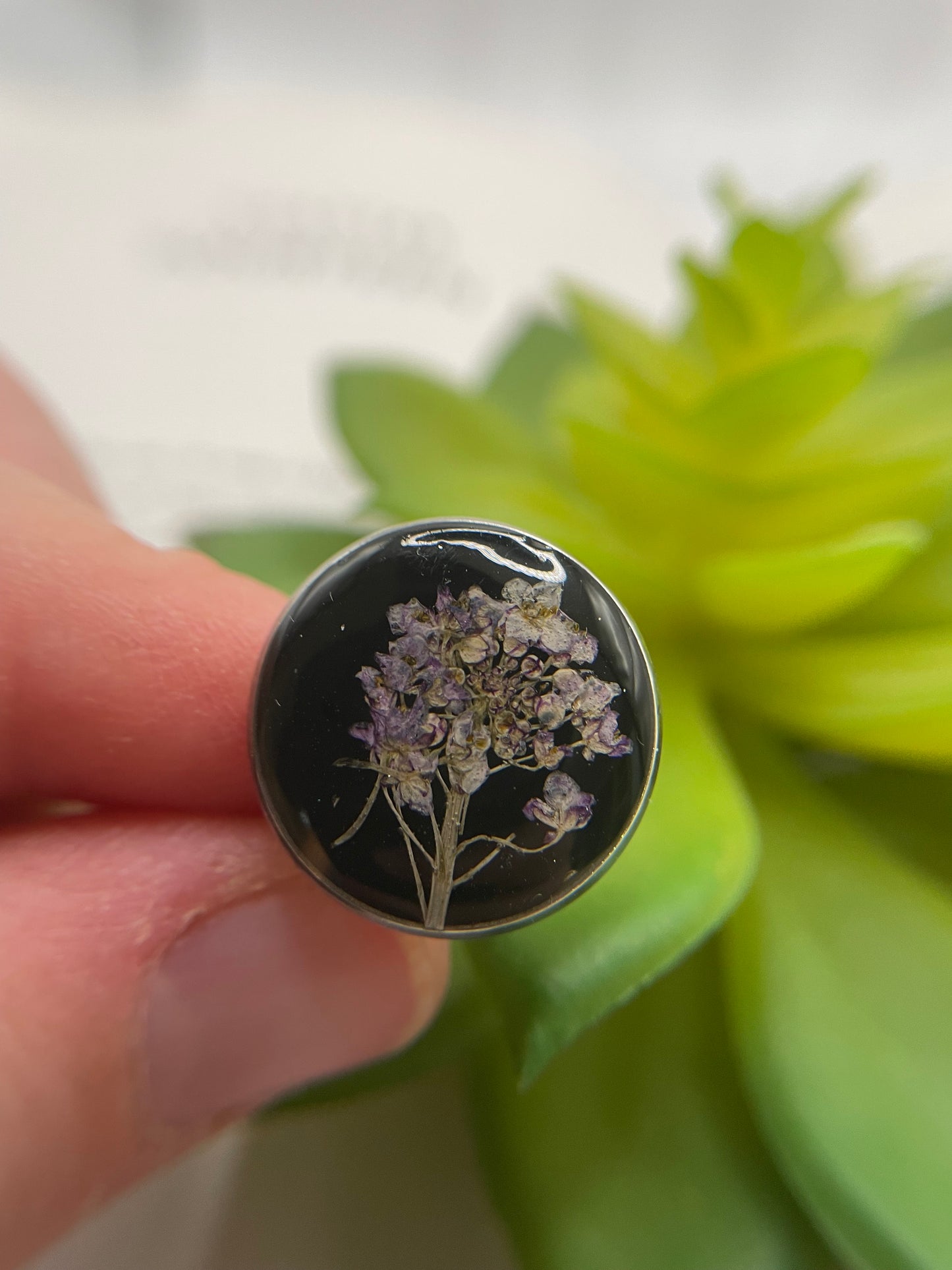 Floral on Black Resin Ring – Stainless Steel (Adjustable)