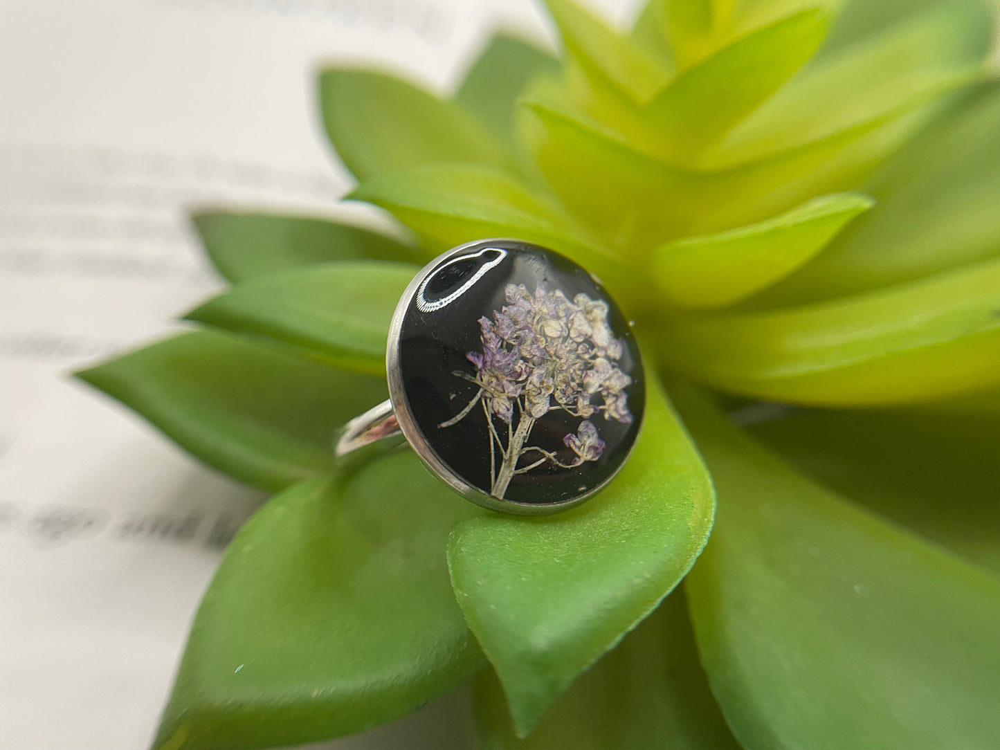 Floral on Black Resin Ring – Stainless Steel (Adjustable)