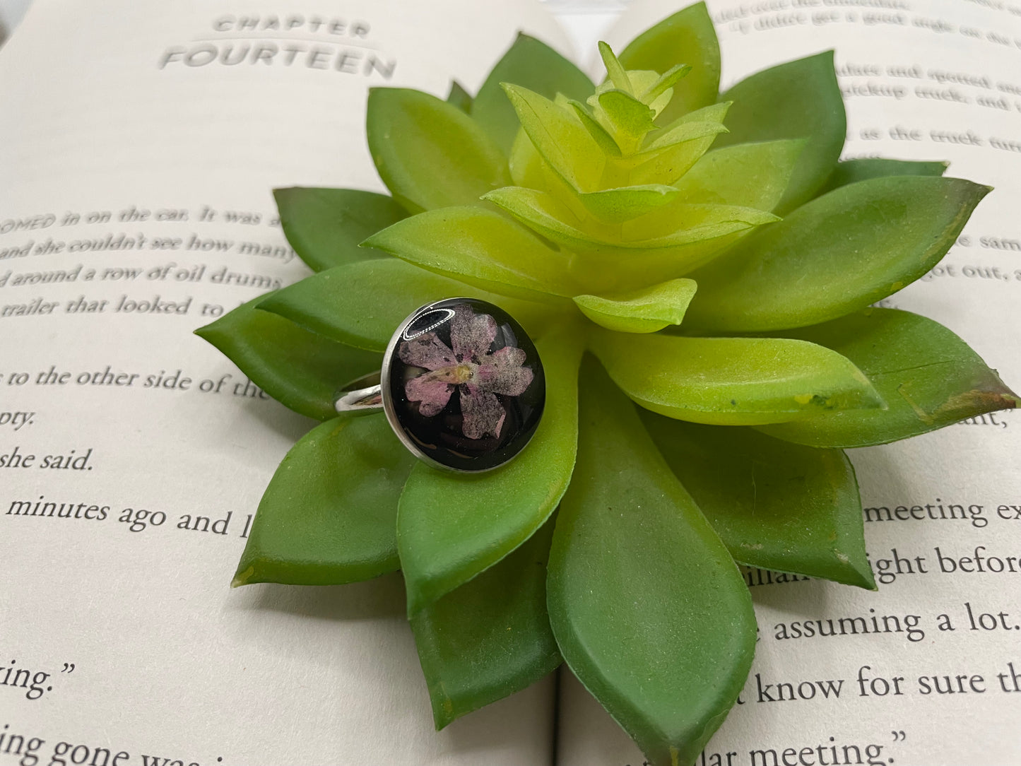 Floral on Black Resin Ring – Stainless Steel (Adjustable)