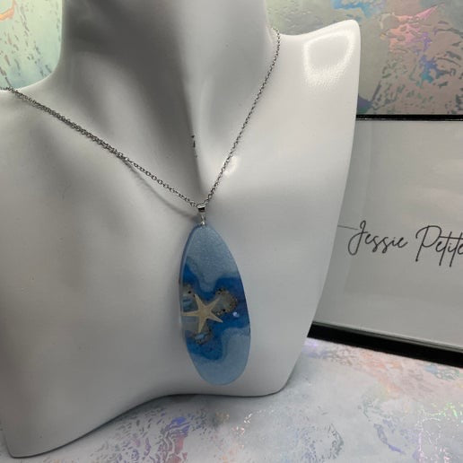 Large Ocean Starfish Teardrop Necklace-30'' Silver Chain NICKEL FREE/STAINLESS STEEL