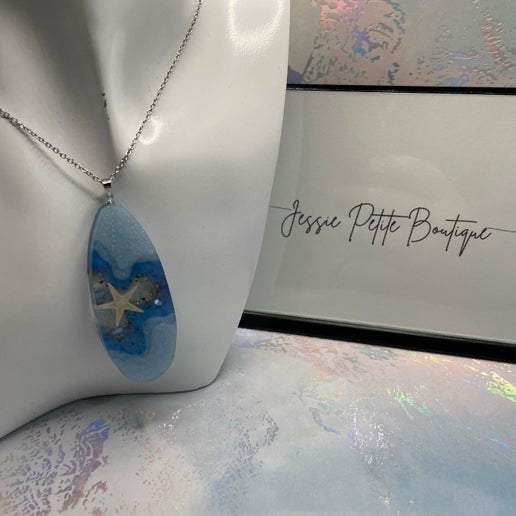 Large Ocean Starfish Teardrop Necklace-30'' Silver Chain NICKEL FREE/STAINLESS STEEL