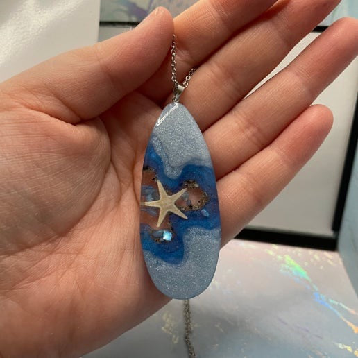 Large Ocean Starfish Teardrop Necklace-30'' Silver Chain NICKEL FREE/STAINLESS STEEL