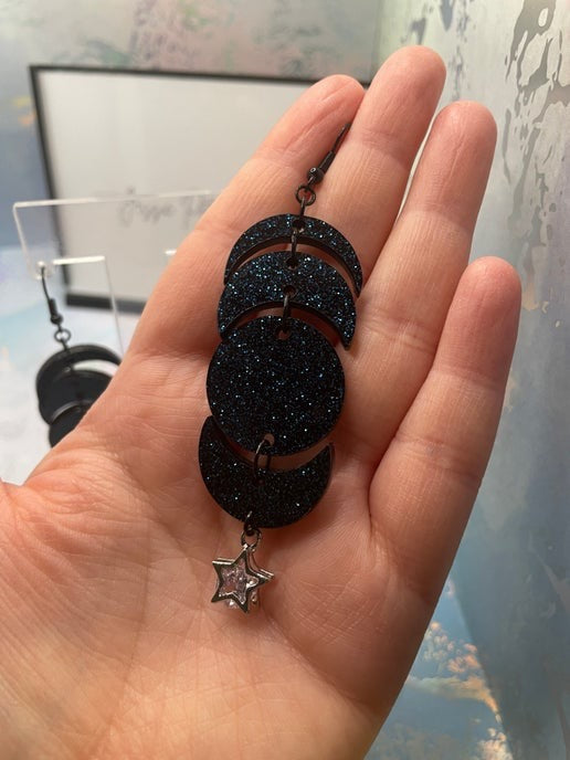 Boucles d'oreilles lunes noire/bleues scintillantes + étoile