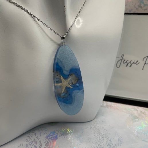 Large Ocean Starfish Teardrop Necklace-30'' Silver Chain NICKEL FREE/STAINLESS STEEL