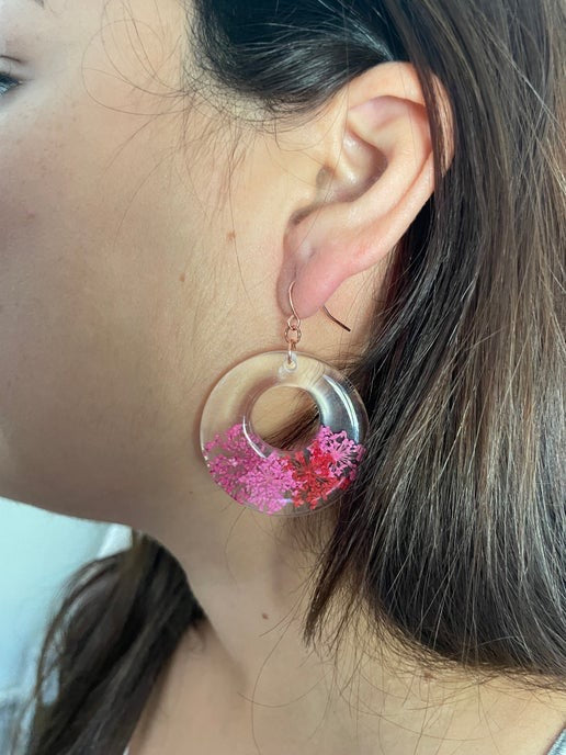 Pink & Red Flower Round Resin Earrings -NICKEL FREE