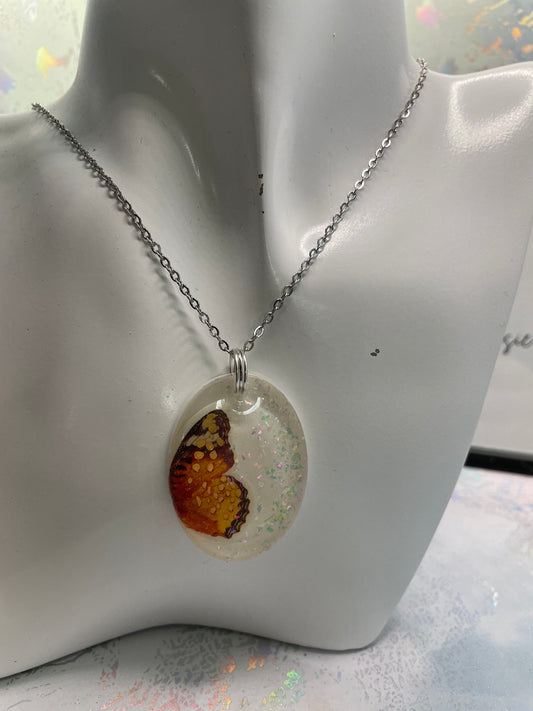 Orange Butterfly Glow Necklace – Oval Resin Pendant (Stainless Steel+Nickel Free)