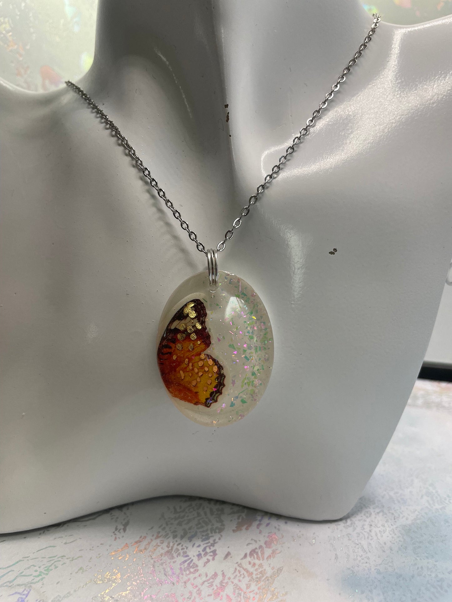 Orange Butterfly Glow Necklace – Oval Resin Pendant (Stainless Steel+Nickel Free)