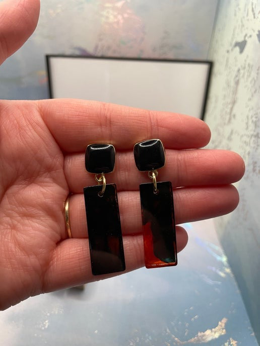 Rectangular Resin Statement Earrings β Teal, Orange & Black (Nickel Free)