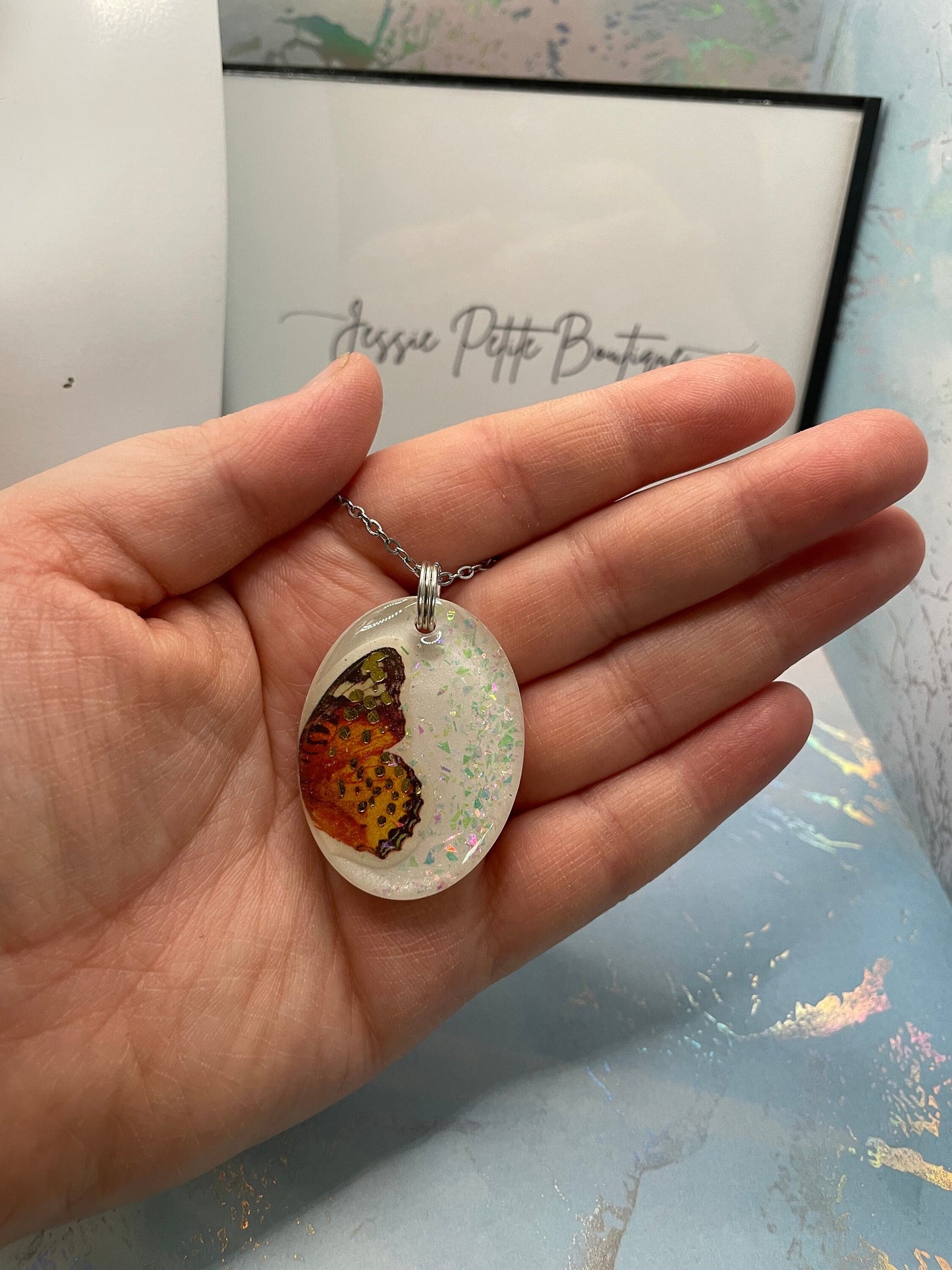 Orange Butterfly Glow Necklace – Oval Resin Pendant (Stainless Steel+Nickel Free)