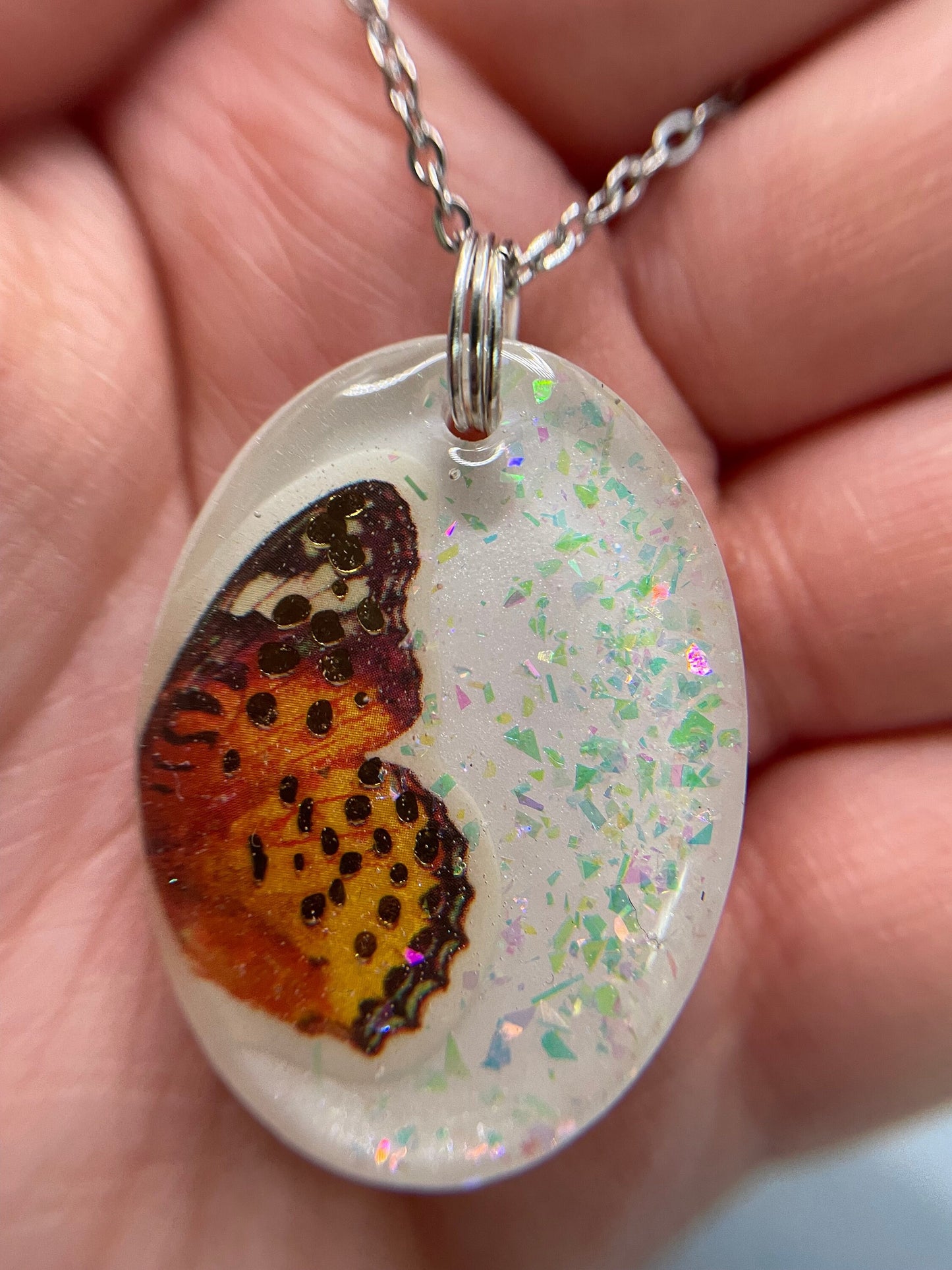 Orange Butterfly Glow Necklace – Oval Resin Pendant (Stainless Steel+Nickel Free)