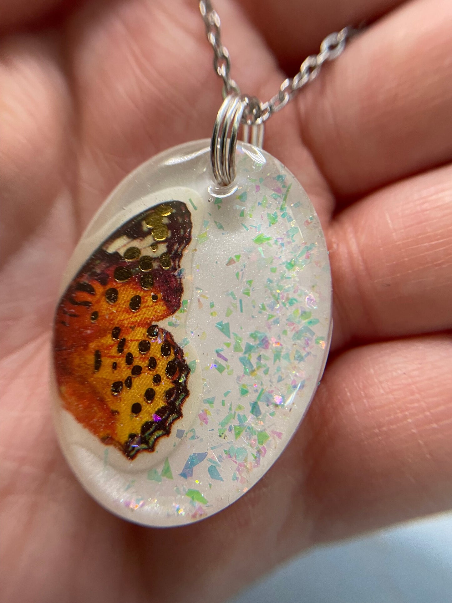 Orange Butterfly Glow Necklace – Oval Resin Pendant (Stainless Steel+Nickel Free)