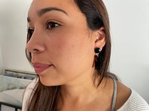 Rectangular Resin Statement Earrings β Teal, Orange & Black (Nickel Free)