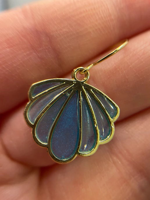 Sparkly Blue And Gold Shell Earrings - Nickel Free