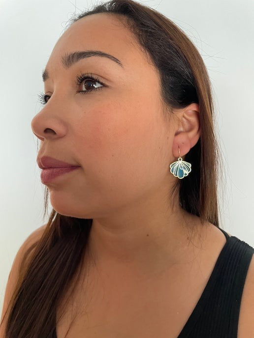 Sparkly Blue And Gold Shell Earrings - Nickel Free
