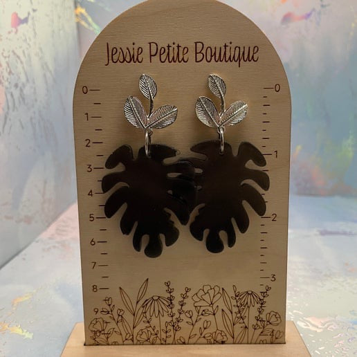 Black Monstera Leaf Earrings – Resin & Silver Accents (Nickel-Free)