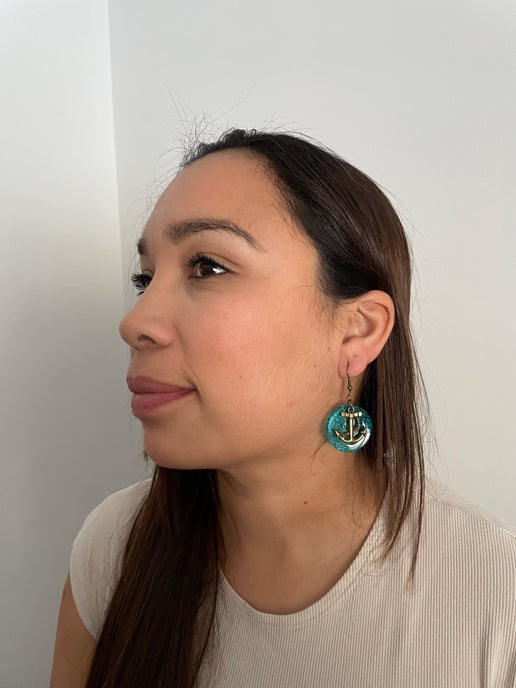 Bronze Anchor on Sparkly Blue Circle Earrings