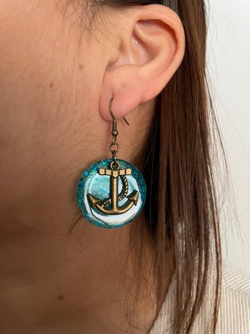 Bronze Anchor on Sparkly Blue Circle Earrings