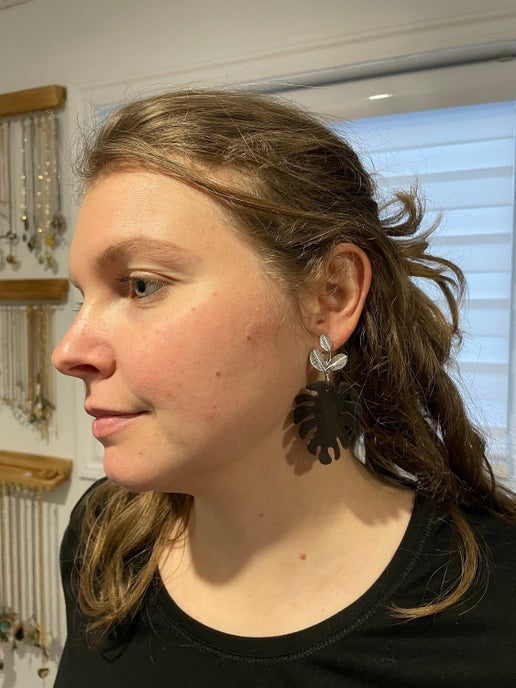 Black Monstera Leaf Earrings – Resin & Silver Accents (Nickel-Free)