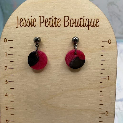 Small Pink and Black Circle Drop Earrings