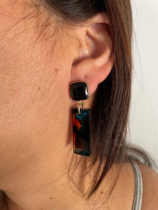 Rectangular Resin Statement Earrings β Teal, Orange & Black (Nickel Free)