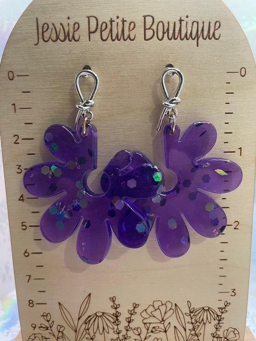 Kim:fleurs mauves holographiques + lasso en argent - Sans nickel