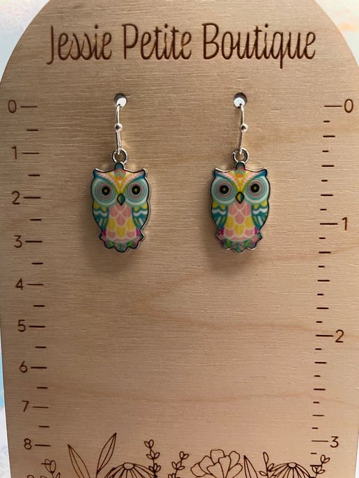 Boucles d'oreilles pendantes en émail motif hibou (4 options de couleurs)