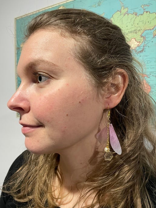 Pink Butterfly Wing & Pearl Earrings