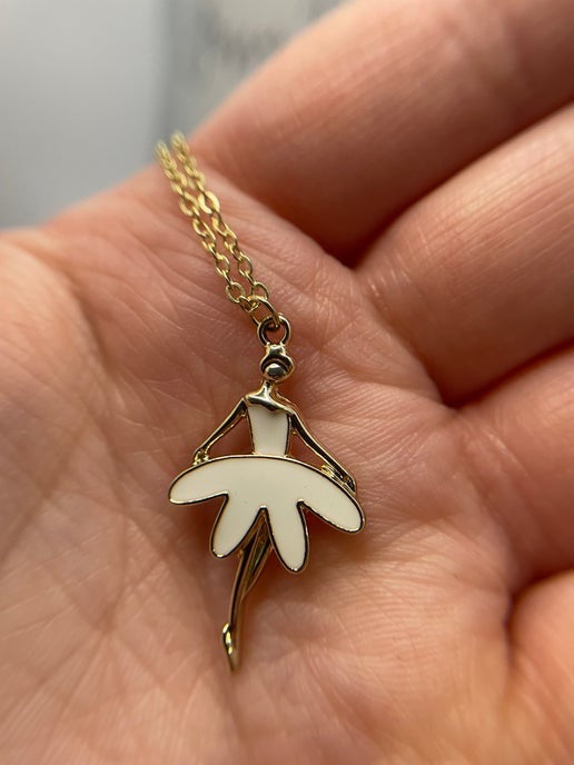 White Dress Ballerina Necklace- 19''gold plated chain-NICKEL FREE