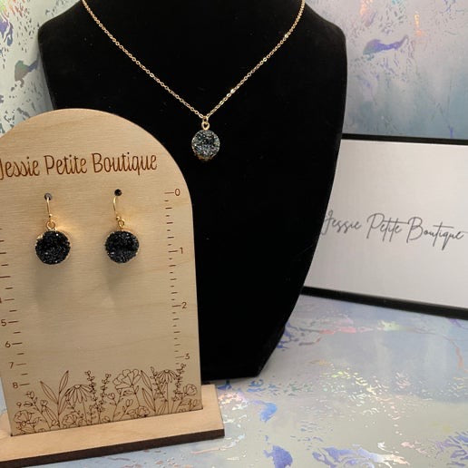 Black Druzy Necklace & Earring Set – Gold Finish